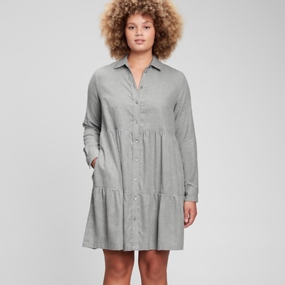 ZARA FLANNEL BUTTON DOWN BABY DOLL DRESS TIERED WITH POCKETS GRAY SIZE SMALL